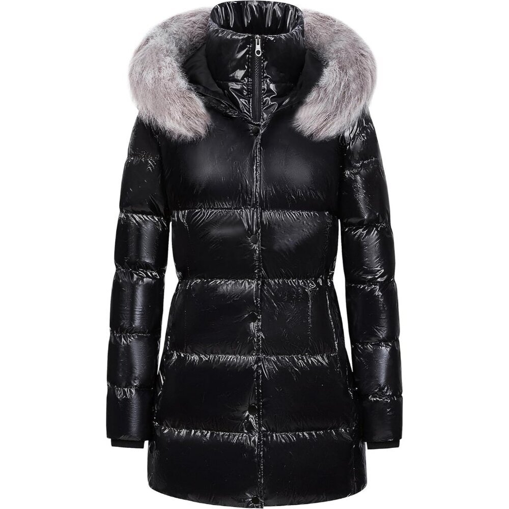 Women's Shine Black Winter Snow Removable Puffer Jacket Coat Faux Fabric Trim